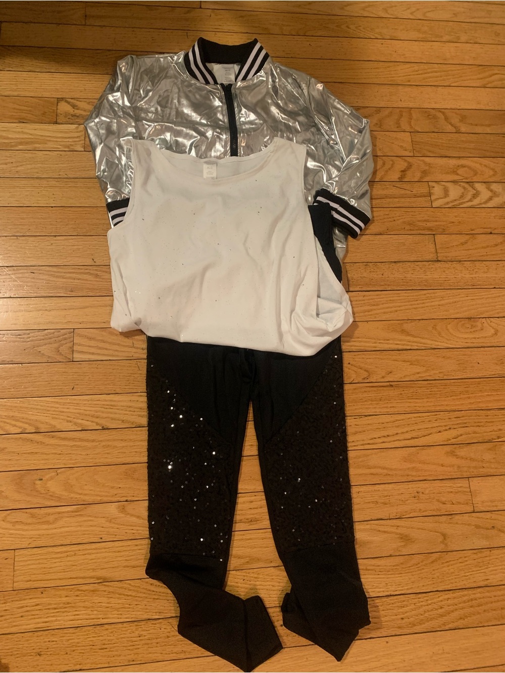 Weissman White tank top Silver Metallic jacket and black leggings w/sequins